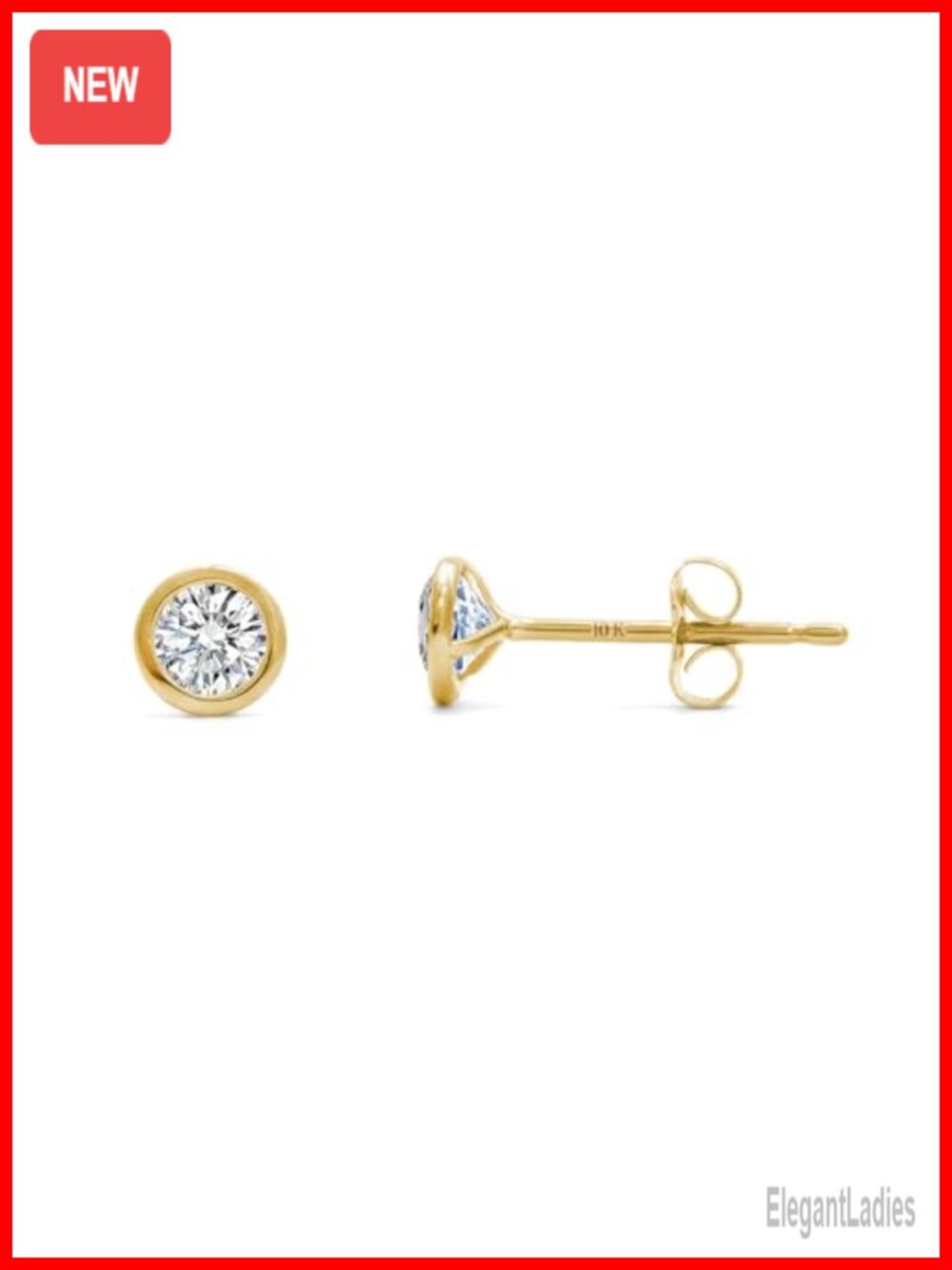 10K Solid Gold Lab Grown Diamond Bezel Stud Earrings Push Back